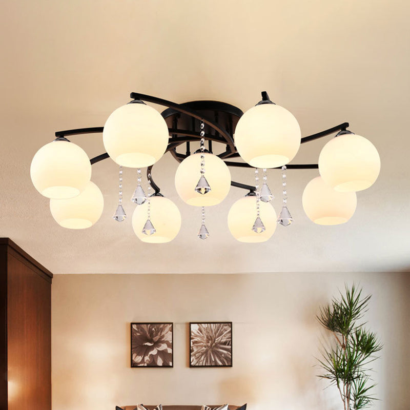 Milk Glass Ball Semi Flush Light Modern 3/7/9 Heads Living Room Ceiling Mount Chandelier in Black Clearhalo 'Ceiling Lights' 'Close To Ceiling Lights' 'Close to ceiling' 'Semi-flushmount' Lighting' 1451501