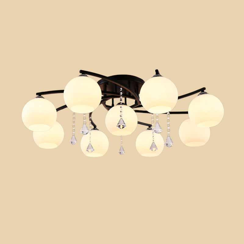 Milk Glass Ball Semi Flush Light Modern 3/7/9 Heads Living Room Ceiling Mount Chandelier in Black Clearhalo 'Ceiling Lights' 'Close To Ceiling Lights' 'Close to ceiling' 'Semi-flushmount' Lighting' 1451503