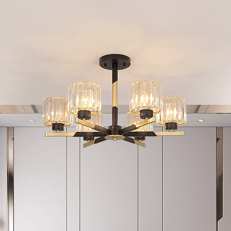 Cylindrical Crystal Semi Flush Chandelier Modern 6/8-Head Living Room Flush Ceiling Light in Black 6 Black Clearhalo 'Ceiling Lights' 'Close To Ceiling Lights' 'Close to ceiling' 'Semi-flushmount' Lighting' 1451522