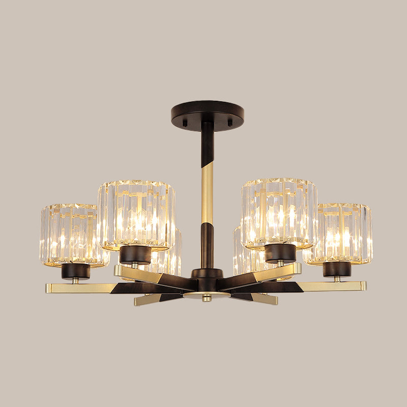 Cylindrical Crystal Semi Flush Chandelier Modern 6/8-Head Living Room Flush Ceiling Light in Black Clearhalo 'Ceiling Lights' 'Close To Ceiling Lights' 'Close to ceiling' 'Semi-flushmount' Lighting' 1451524