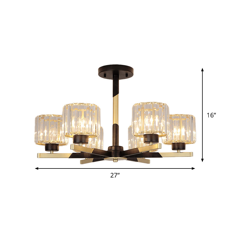 Cylindrical Crystal Semi Flush Chandelier Modern 6/8-Head Living Room Flush Ceiling Light in Black Clearhalo 'Ceiling Lights' 'Close To Ceiling Lights' 'Close to ceiling' 'Semi-flushmount' Lighting' 1451525