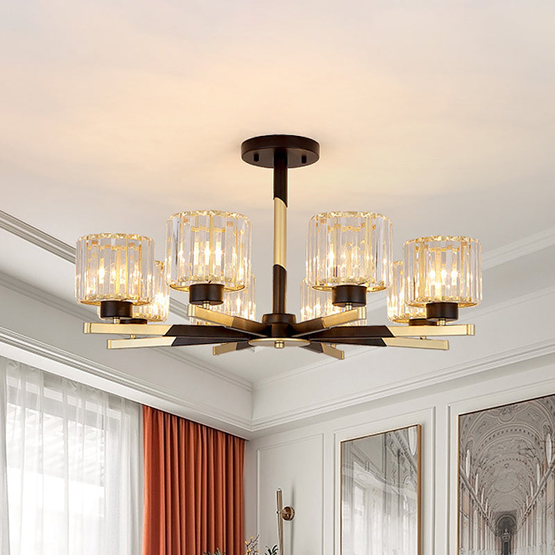 Cylindrical Crystal Semi Flush Chandelier Modern 6/8-Head Living Room Flush Ceiling Light in Black 8 Black Clearhalo 'Ceiling Lights' 'Close To Ceiling Lights' 'Close to ceiling' 'Semi-flushmount' Lighting' 1451526