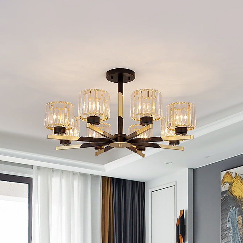 Cylindrical Crystal Semi Flush Chandelier Modern 6/8-Head Living Room Flush Ceiling Light in Black Clearhalo 'Ceiling Lights' 'Close To Ceiling Lights' 'Close to ceiling' 'Semi-flushmount' Lighting' 1451527