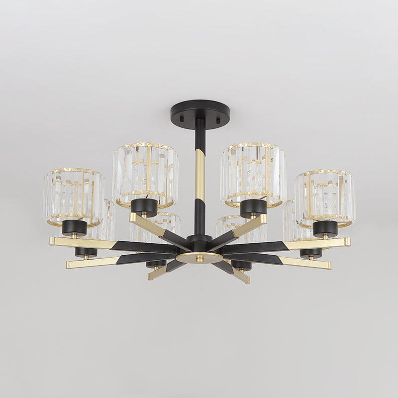 Cylindrical Crystal Semi Flush Chandelier Modern 6/8-Head Living Room Flush Ceiling Light in Black Clearhalo 'Ceiling Lights' 'Close To Ceiling Lights' 'Close to ceiling' 'Semi-flushmount' Lighting' 1451529