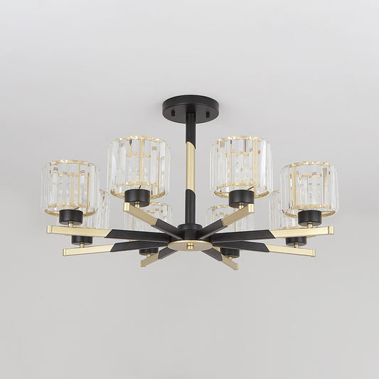 Cylindrical Crystal Semi Flush Chandelier Modern 6/8-Head Living Room Flush Ceiling Light in Black Clearhalo 'Ceiling Lights' 'Close To Ceiling Lights' 'Close to ceiling' 'Semi-flushmount' Lighting' 1451529