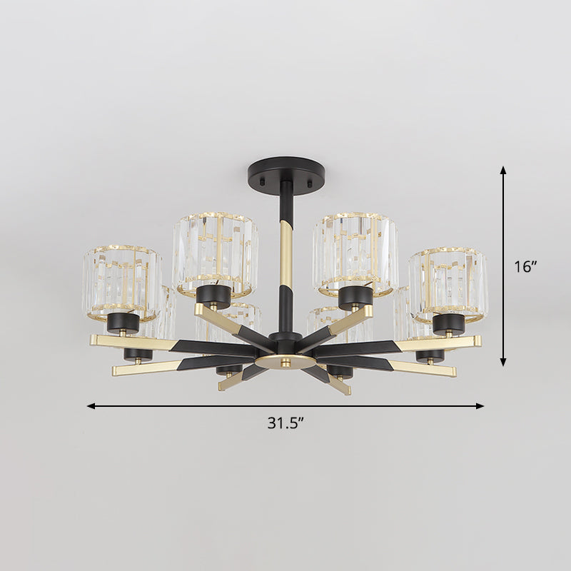 Cylindrical Crystal Semi Flush Chandelier Modern 6/8-Head Living Room Flush Ceiling Light in Black Clearhalo 'Ceiling Lights' 'Close To Ceiling Lights' 'Close to ceiling' 'Semi-flushmount' Lighting' 1451530