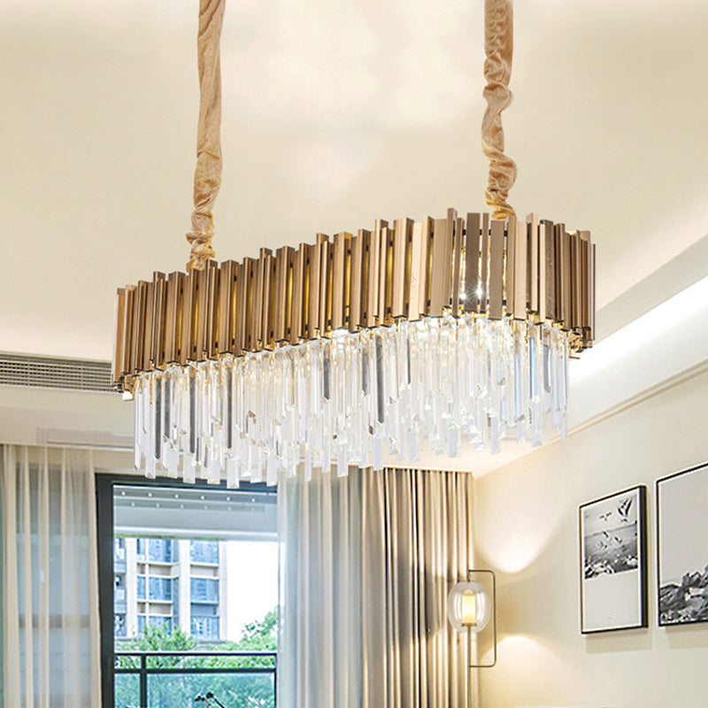 Post-Modern Oblong Island Lamp 6/8-Light Crystal Rods Pendant Lighting in Gold, 23.5"/31.5" Wide Gold Clearhalo 'Ceiling Lights' 'Island Lights' Lighting' 1451540