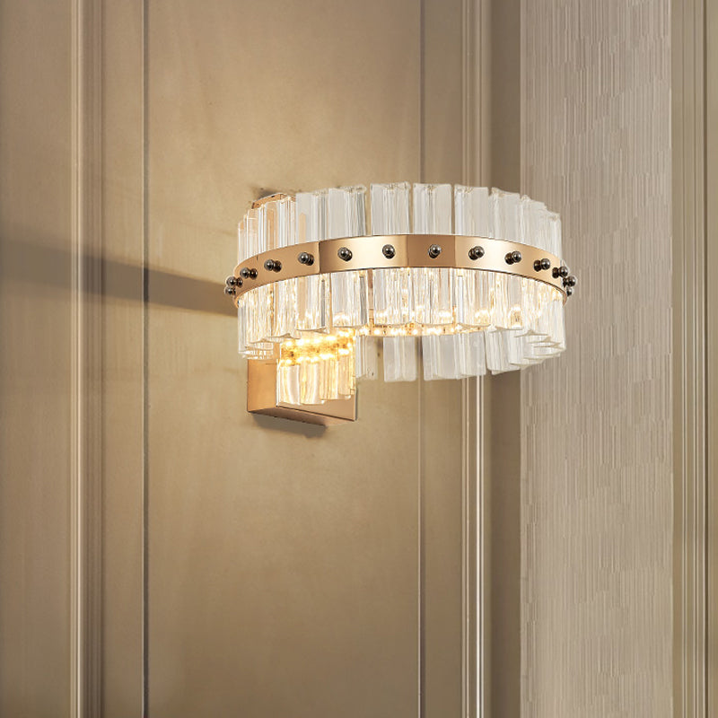 Drum Bedside Wall Sconce Lighting Postmodern Clear Crystal Prism Gold LED Flush Mount Wall Light Clear Clearhalo 'Modern wall lights' 'Modern' 'Wall Lamps & Sconces' 'Wall Lights' Lighting' 1451579