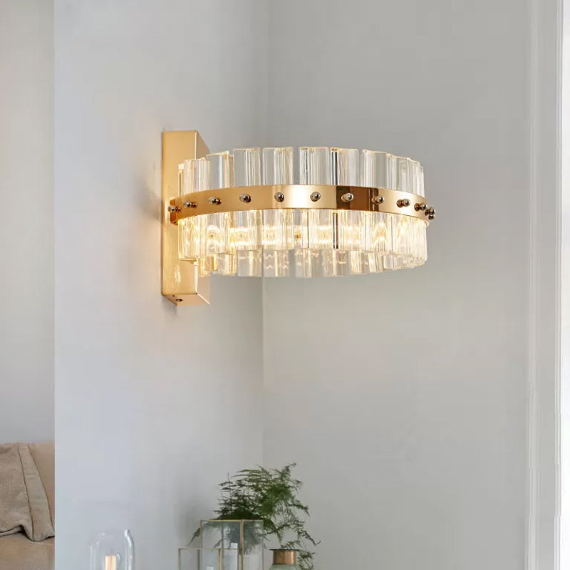 Drum Bedside Wall Sconce Lighting Postmodern Clear Crystal Prism Gold LED Flush Mount Wall Light Clearhalo 'Modern wall lights' 'Modern' 'Wall Lamps & Sconces' 'Wall Lights' Lighting' 1451580