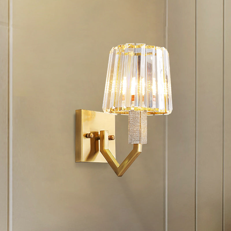Clear Crystal Prism Gold Wall Lighting Tapered Shade 1-Light Postmodern Wall Mount Light Fixture Clear Clearhalo 'Modern wall lights' 'Modern' 'Wall Lamps & Sconces' 'Wall Lights' Lighting' 1451600