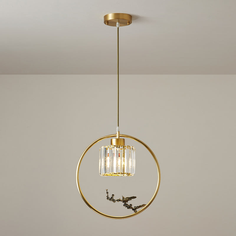 1-Light Crystal Cylinder Down Lighting Modern Gold Circle Dining Room Suspension Pendant with Decorative Bird/Dragonfly Clearhalo 'Ceiling Lights' 'Modern Pendants' 'Modern' 'Pendant Lights' 'Pendants' Lighting' 1451622