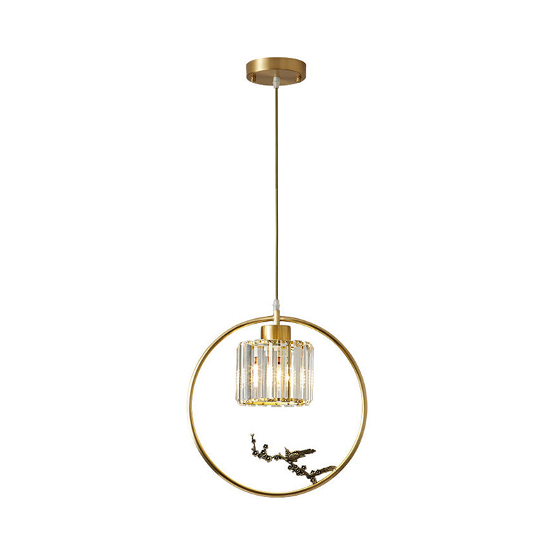 1-Light Crystal Cylinder Down Lighting Modern Gold Circle Dining Room Suspension Pendant with Decorative Bird/Dragonfly Clearhalo 'Ceiling Lights' 'Modern Pendants' 'Modern' 'Pendant Lights' 'Pendants' Lighting' 1451623