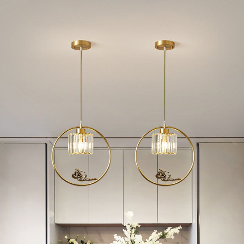 1-Light Crystal Cylinder Down Lighting Modern Gold Circle Dining Room Suspension Pendant with Decorative Bird/Dragonfly Gold Dragonfly Clearhalo 'Ceiling Lights' 'Modern Pendants' 'Modern' 'Pendant Lights' 'Pendants' Lighting' 1451625