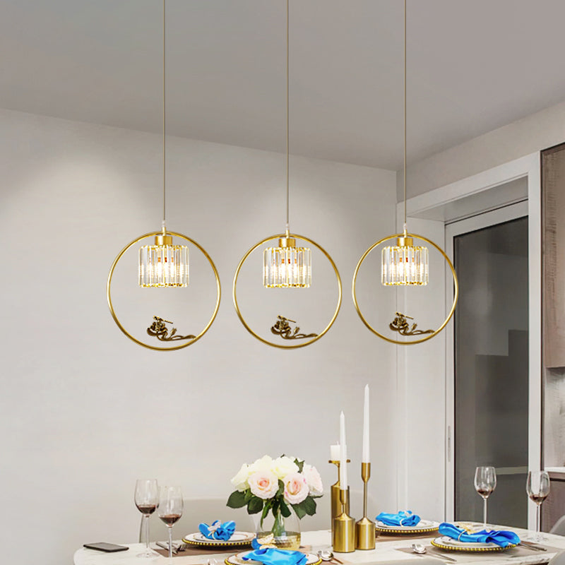 1-Light Crystal Cylinder Down Lighting Modern Gold Circle Dining Room Suspension Pendant with Decorative Bird/Dragonfly Clearhalo 'Ceiling Lights' 'Modern Pendants' 'Modern' 'Pendant Lights' 'Pendants' Lighting' 1451626