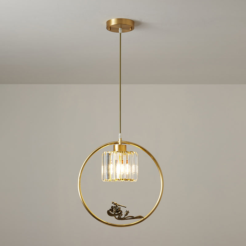 1-Light Crystal Cylinder Down Lighting Modern Gold Circle Dining Room Suspension Pendant with Decorative Bird/Dragonfly Clearhalo 'Ceiling Lights' 'Modern Pendants' 'Modern' 'Pendant Lights' 'Pendants' Lighting' 1451627