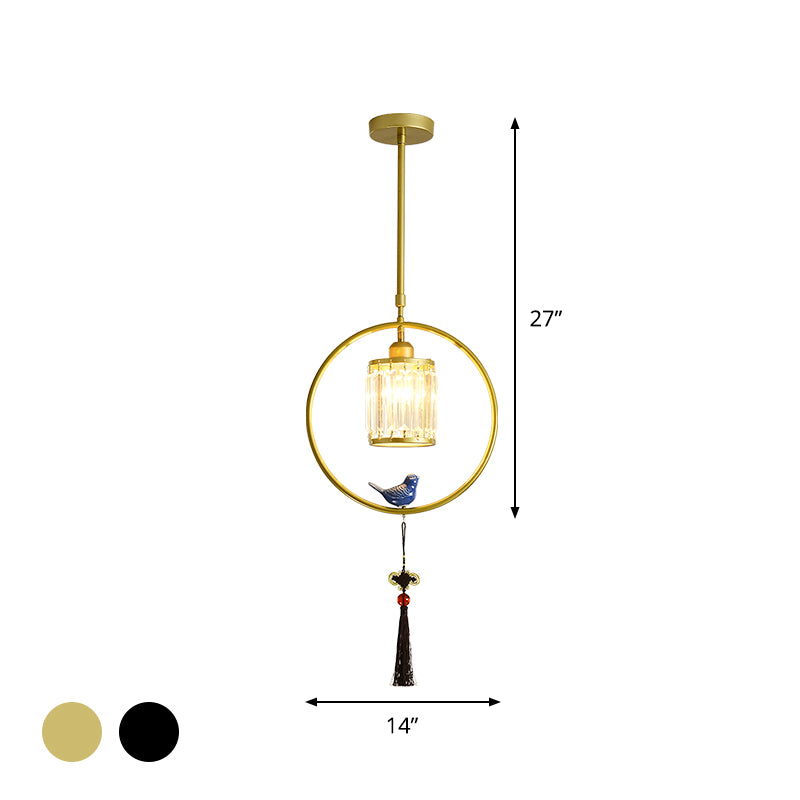 Black/Gold Single Pendant Light Modern Prismatic Crystal Square/Round Hanging Lamp with Hoop and Tassel Clearhalo 'Ceiling Lights' 'Modern Pendants' 'Modern' 'Pendant Lights' 'Pendants' Lighting' 1451633