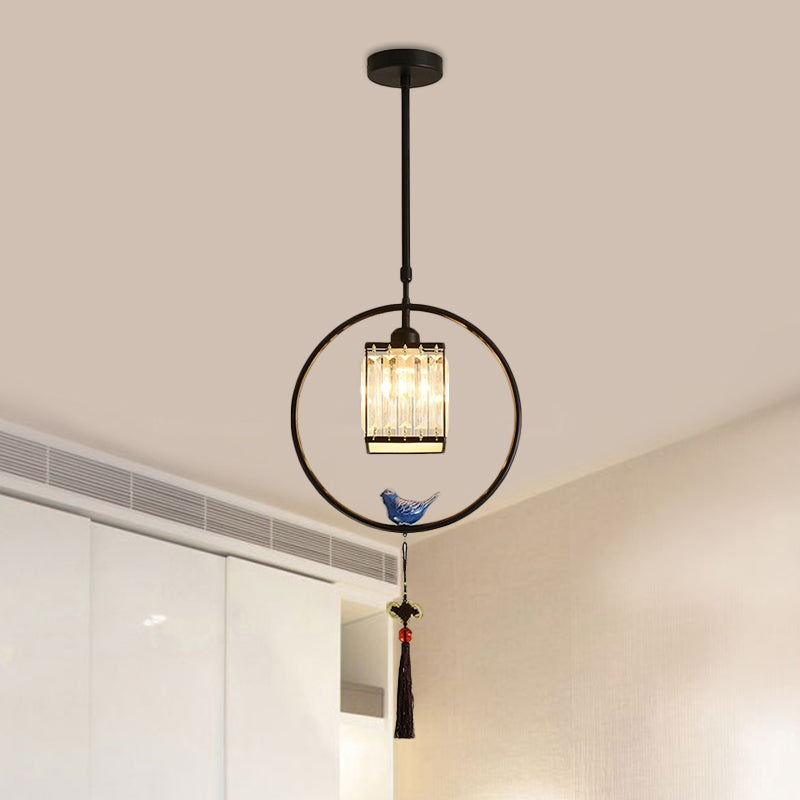 Black/Gold Single Pendant Light Modern Prismatic Crystal Square/Round Hanging Lamp with Hoop and Tassel Black Square Plate Clearhalo 'Ceiling Lights' 'Modern Pendants' 'Modern' 'Pendant Lights' 'Pendants' Lighting' 1451634