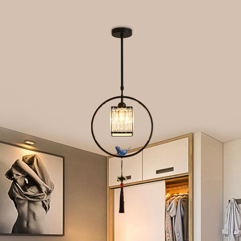 Black/Gold Single Pendant Light Modern Prismatic Crystal Square/Round Hanging Lamp with Hoop and Tassel Clearhalo 'Ceiling Lights' 'Modern Pendants' 'Modern' 'Pendant Lights' 'Pendants' Lighting' 1451635