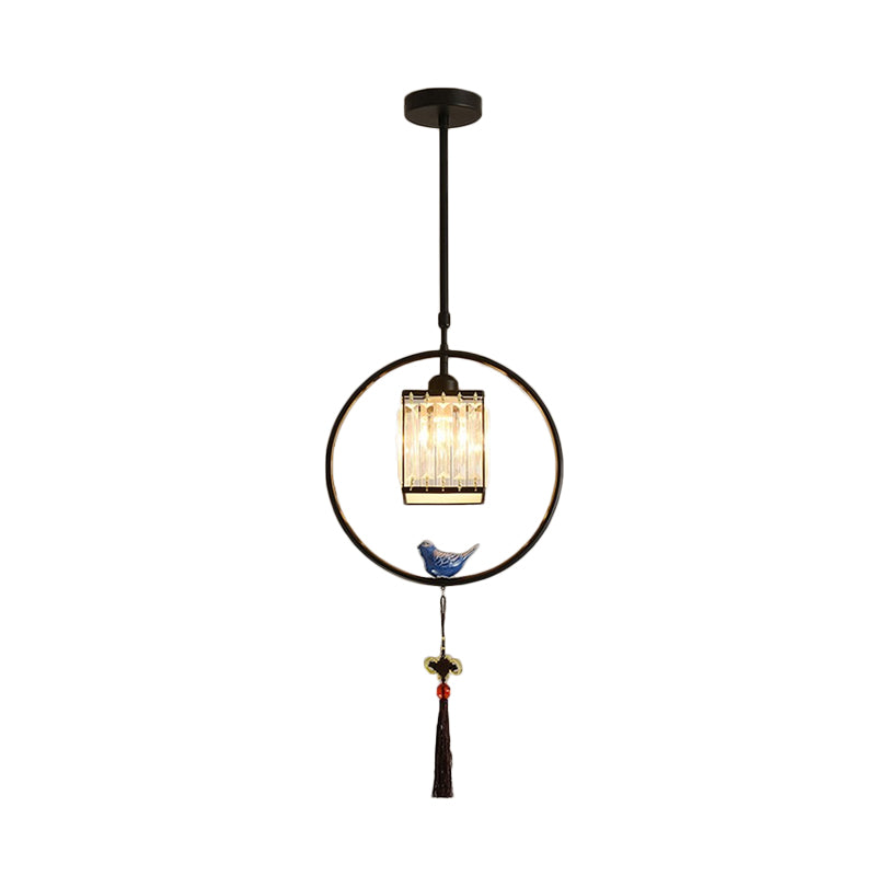 Black/Gold Single Pendant Light Modern Prismatic Crystal Square/Round Hanging Lamp with Hoop and Tassel Clearhalo 'Ceiling Lights' 'Modern Pendants' 'Modern' 'Pendant Lights' 'Pendants' Lighting' 1451636