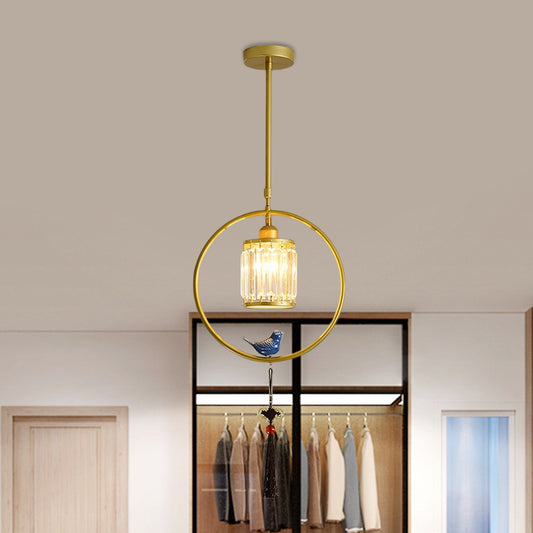 Black/Gold Single Pendant Light Modern Prismatic Crystal Square/Round Hanging Lamp with Hoop and Tassel Gold Round Clearhalo 'Ceiling Lights' 'Modern Pendants' 'Modern' 'Pendant Lights' 'Pendants' Lighting' 1451638