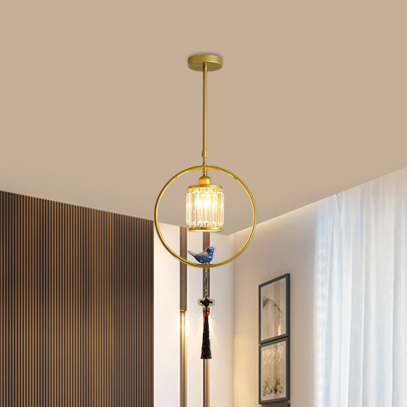 Black/Gold Single Pendant Light Modern Prismatic Crystal Square/Round Hanging Lamp with Hoop and Tassel Clearhalo 'Ceiling Lights' 'Modern Pendants' 'Modern' 'Pendant Lights' 'Pendants' Lighting' 1451639