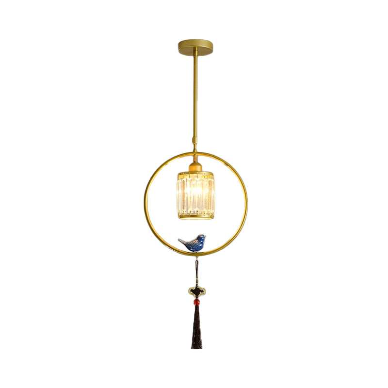 Black/Gold Single Pendant Light Modern Prismatic Crystal Square/Round Hanging Lamp with Hoop and Tassel Clearhalo 'Ceiling Lights' 'Modern Pendants' 'Modern' 'Pendant Lights' 'Pendants' Lighting' 1451640