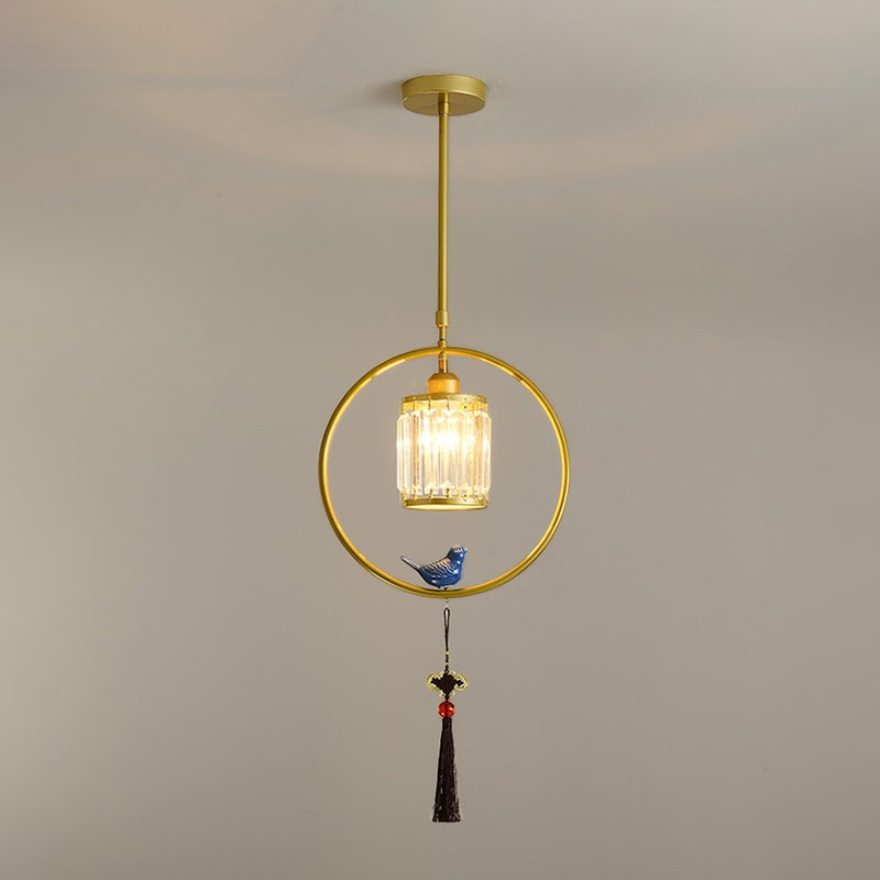 Black/Gold Single Pendant Light Modern Prismatic Crystal Square/Round Hanging Lamp with Hoop and Tassel Clearhalo 'Ceiling Lights' 'Modern Pendants' 'Modern' 'Pendant Lights' 'Pendants' Lighting' 1451641