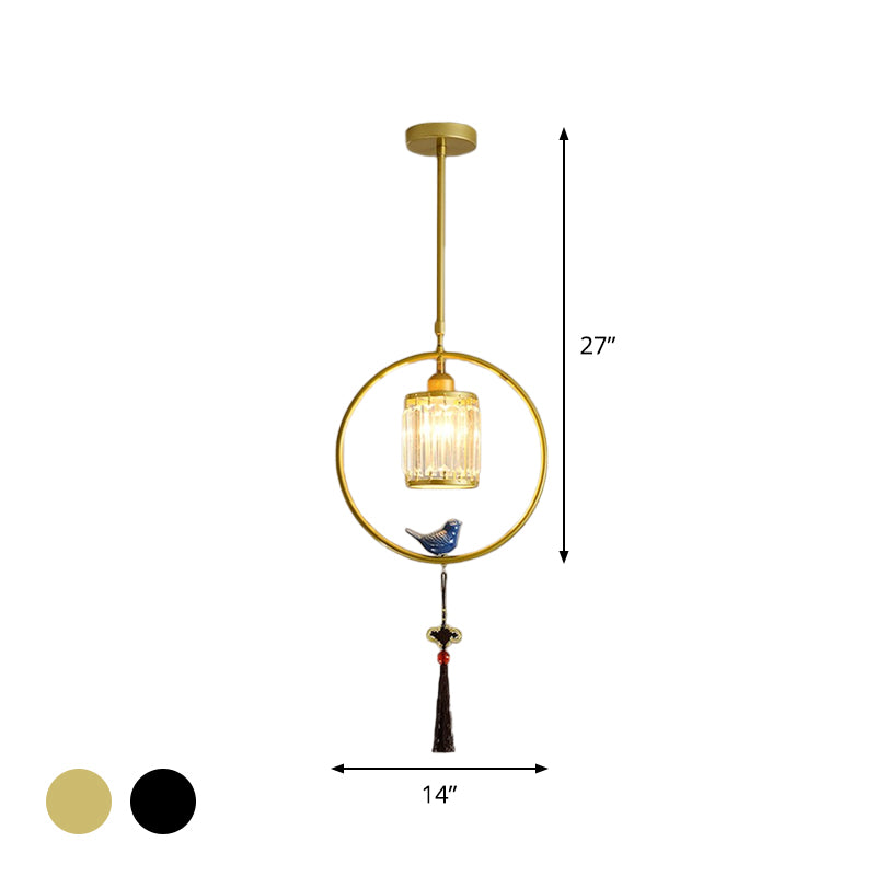 Black/Gold Single Pendant Light Modern Prismatic Crystal Square/Round Hanging Lamp with Hoop and Tassel Clearhalo 'Ceiling Lights' 'Modern Pendants' 'Modern' 'Pendant Lights' 'Pendants' Lighting' 1451642