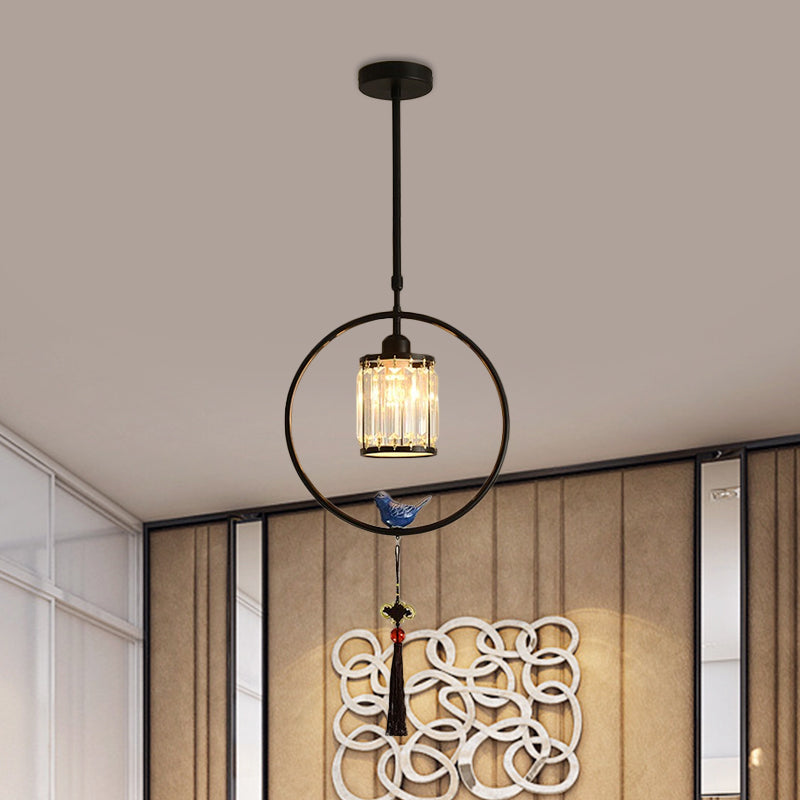 Black/Gold Single Pendant Light Modern Prismatic Crystal Square/Round Hanging Lamp with Hoop and Tassel Black Round Clearhalo 'Ceiling Lights' 'Modern Pendants' 'Modern' 'Pendant Lights' 'Pendants' Lighting' 1451643