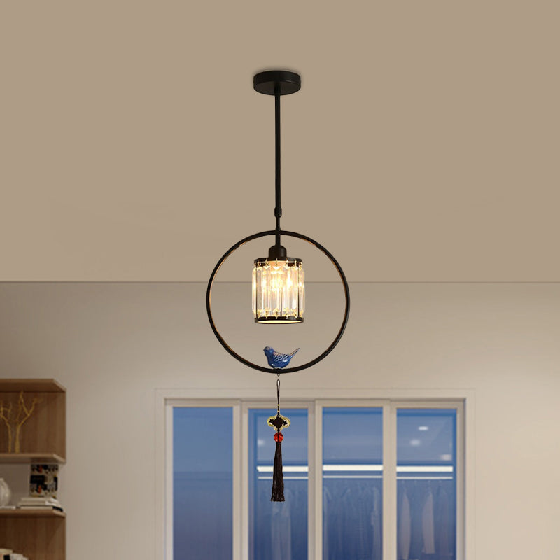 Black/Gold Single Pendant Light Modern Prismatic Crystal Square/Round Hanging Lamp with Hoop and Tassel Clearhalo 'Ceiling Lights' 'Modern Pendants' 'Modern' 'Pendant Lights' 'Pendants' Lighting' 1451644