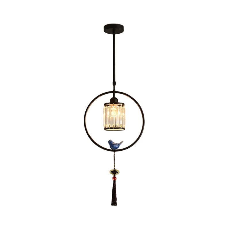 Black/Gold Single Pendant Light Modern Prismatic Crystal Square/Round Hanging Lamp with Hoop and Tassel Clearhalo 'Ceiling Lights' 'Modern Pendants' 'Modern' 'Pendant Lights' 'Pendants' Lighting' 1451645