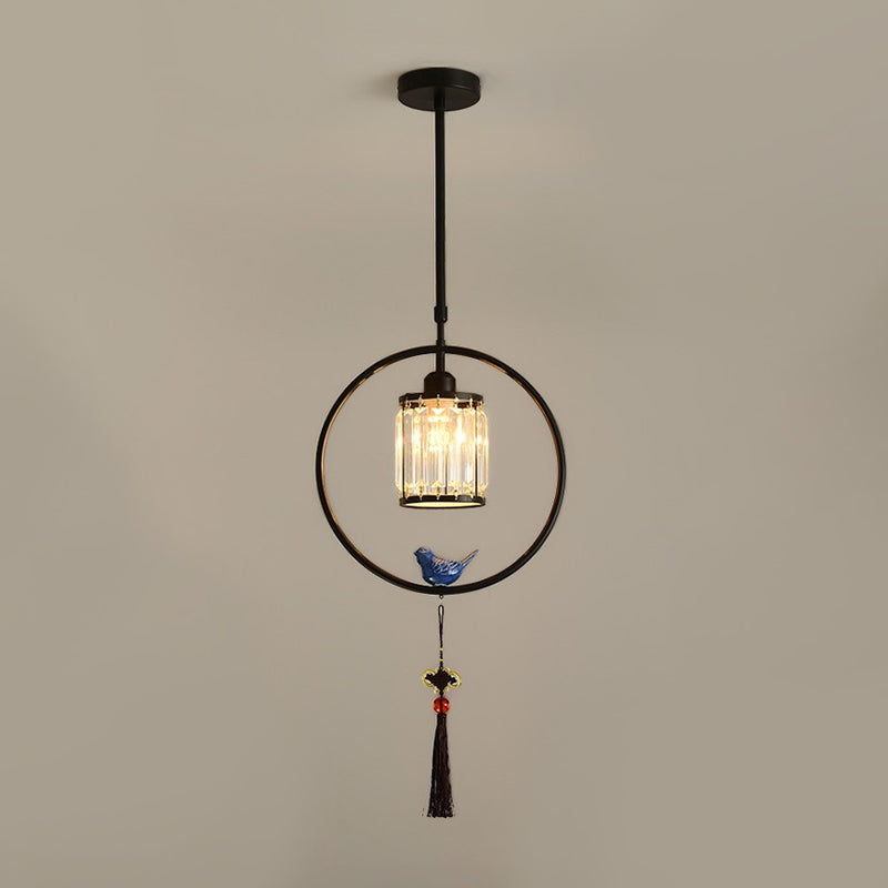 Black/Gold Single Pendant Light Modern Prismatic Crystal Square/Round Hanging Lamp with Hoop and Tassel Clearhalo 'Ceiling Lights' 'Modern Pendants' 'Modern' 'Pendant Lights' 'Pendants' Lighting' 1451646