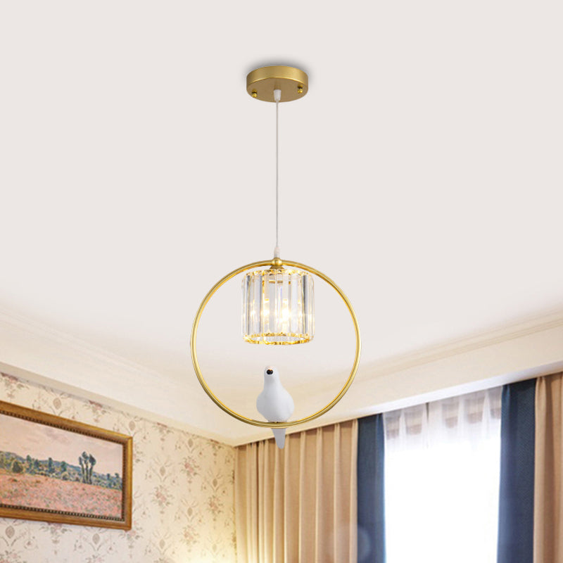 Black/Gold Hoop Pendulum Light Modern Iron 1 Head Living Room Drop Pendant with Bird and Cylinder Crystal Shade Gold Clearhalo 'Ceiling Lights' 'Modern Pendants' 'Modern' 'Pendant Lights' 'Pendants' Lighting' 1451647