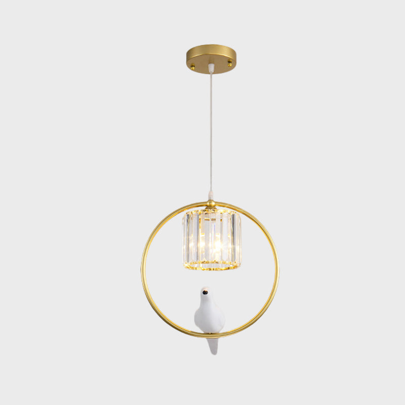 Black/Gold Hoop Pendulum Light Modern Iron 1 Head Living Room Drop Pendant with Bird and Cylinder Crystal Shade Clearhalo 'Ceiling Lights' 'Modern Pendants' 'Modern' 'Pendant Lights' 'Pendants' Lighting' 1451649