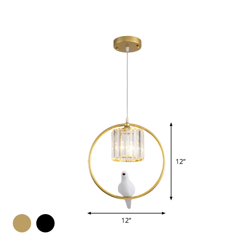 Black/Gold Hoop Pendulum Light Modern Iron 1 Head Living Room Drop Pendant with Bird and Cylinder Crystal Shade Clearhalo 'Ceiling Lights' 'Modern Pendants' 'Modern' 'Pendant Lights' 'Pendants' Lighting' 1451650