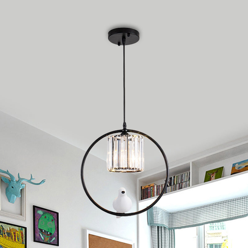 Black/Gold Hoop Pendulum Light Modern Iron 1 Head Living Room Drop Pendant with Bird and Cylinder Crystal Shade Black Clearhalo 'Ceiling Lights' 'Modern Pendants' 'Modern' 'Pendant Lights' 'Pendants' Lighting' 1451651