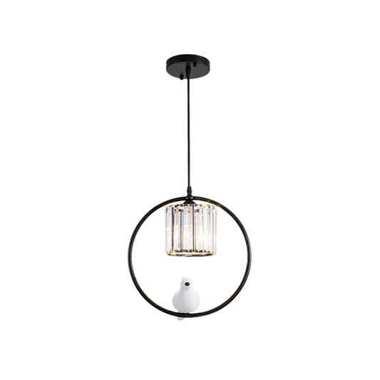 Black/Gold Hoop Pendulum Light Modern Iron 1 Head Living Room Drop Pendant with Bird and Cylinder Crystal Shade Clearhalo 'Ceiling Lights' 'Modern Pendants' 'Modern' 'Pendant Lights' 'Pendants' Lighting' 1451653