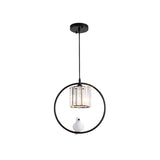 Black/Gold Hoop Pendulum Light Modern Iron 1 Head Living Room Drop Pendant with Bird and Cylinder Crystal Shade Clearhalo 'Ceiling Lights' 'Modern Pendants' 'Modern' 'Pendant Lights' 'Pendants' Lighting' 1451653