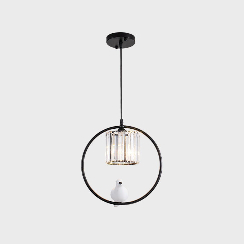 Black/Gold Hoop Pendulum Light Modern Iron 1 Head Living Room Drop Pendant with Bird and Cylinder Crystal Shade Clearhalo 'Ceiling Lights' 'Modern Pendants' 'Modern' 'Pendant Lights' 'Pendants' Lighting' 1451654