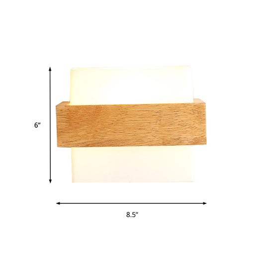 Cube Shade Study Room Sconce Lamp with Wood Deco Milk Glass 1 Light Japanese Wall Lamp in White Clearhalo 'Modern wall lights' 'Modern' 'Wall Lamps & Sconces' 'Wall Lights' Lighting' 145165