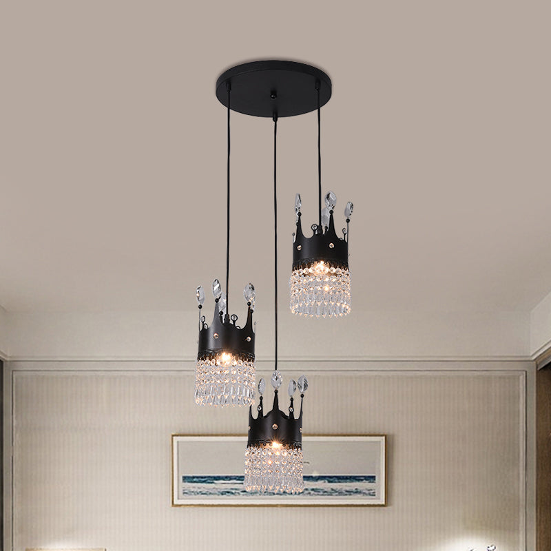 Black Linear/Round Canopy Crown Suspension Light Contemporary Metal 3 Heads Dinning Room Multi Pendant with Crystal Draping Clearhalo 'Ceiling Lights' 'Modern Pendants' 'Modern' 'Pendant Lights' 'Pendants' Lighting' 1451774