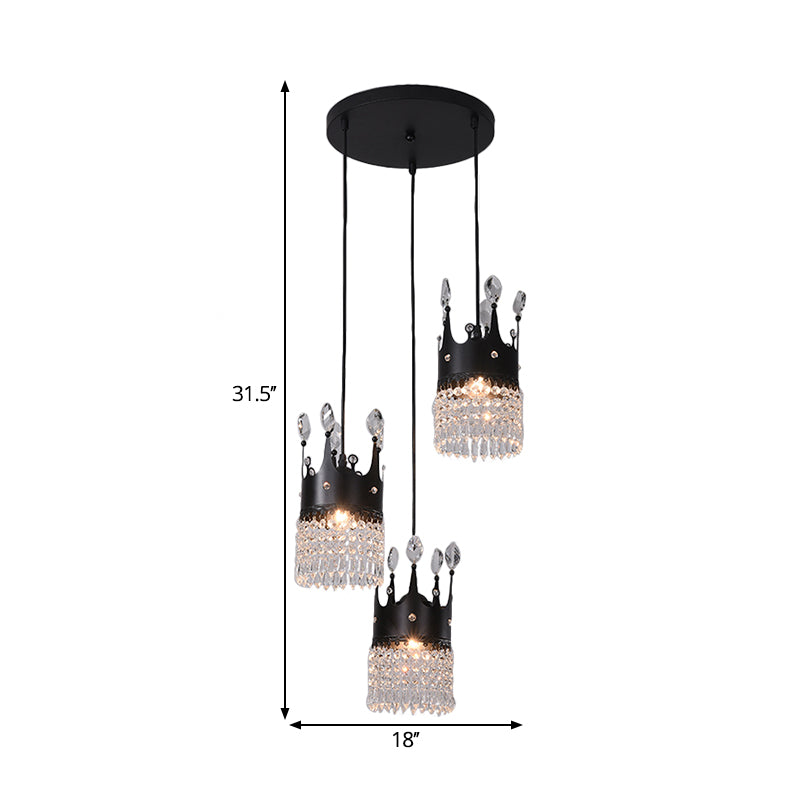 Black Linear/Round Canopy Crown Suspension Light Contemporary Metal 3 Heads Dinning Room Multi Pendant with Crystal Draping Clearhalo 'Ceiling Lights' 'Modern Pendants' 'Modern' 'Pendant Lights' 'Pendants' Lighting' 1451776