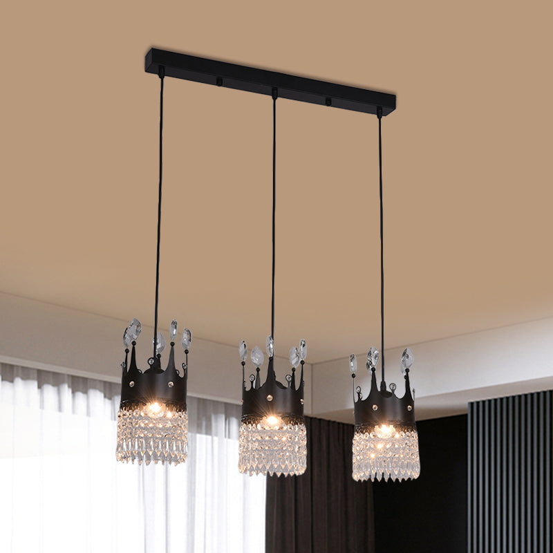 Black Linear/Round Canopy Crown Suspension Light Contemporary Metal 3 Heads Dinning Room Multi Pendant with Crystal Draping Black Linear Clearhalo 'Ceiling Lights' 'Modern Pendants' 'Modern' 'Pendant Lights' 'Pendants' Lighting' 1451777