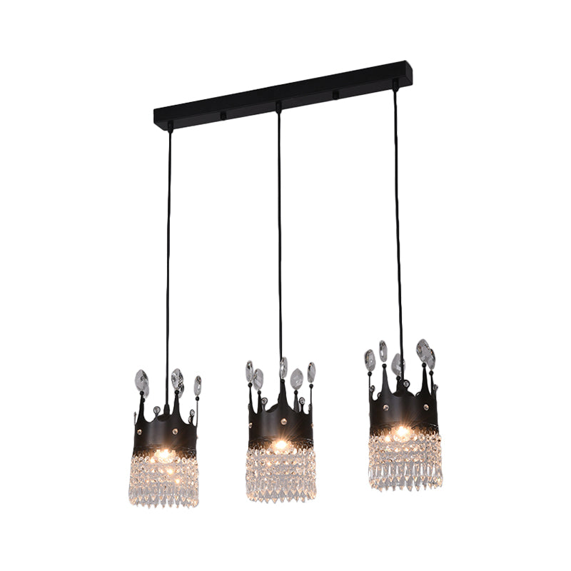 Black Linear/Round Canopy Crown Suspension Light Contemporary Metal 3 Heads Dinning Room Multi Pendant with Crystal Draping Clearhalo 'Ceiling Lights' 'Modern Pendants' 'Modern' 'Pendant Lights' 'Pendants' Lighting' 1451779