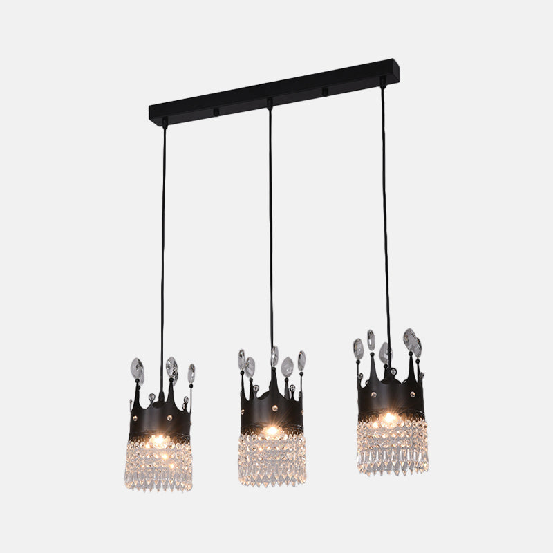 Black Linear/Round Canopy Crown Suspension Light Contemporary Metal 3 Heads Dinning Room Multi Pendant with Crystal Draping Clearhalo 'Ceiling Lights' 'Modern Pendants' 'Modern' 'Pendant Lights' 'Pendants' Lighting' 1451780