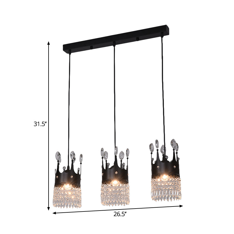 Black Linear/Round Canopy Crown Suspension Light Contemporary Metal 3 Heads Dinning Room Multi Pendant with Crystal Draping Clearhalo 'Ceiling Lights' 'Modern Pendants' 'Modern' 'Pendant Lights' 'Pendants' Lighting' 1451781