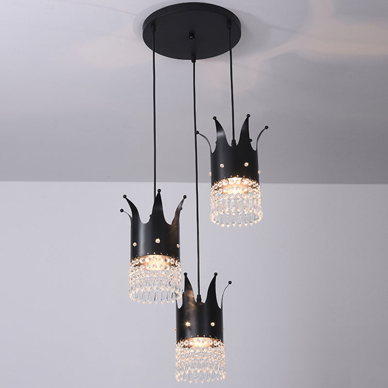 3 Bulbs Crown Island Lighting Modern Black Linear/Round Canopy Metal Multi Hanging Lamp Kit with Crystal Droplets Clearhalo 'Ceiling Lights' 'Modern Pendants' 'Modern' 'Pendant Lights' 'Pendants' Lighting' 1451783