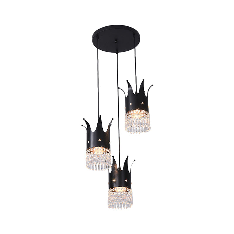 3 Bulbs Crown Island Lighting Modern Black Linear/Round Canopy Metal Multi Hanging Lamp Kit with Crystal Droplets Clearhalo 'Ceiling Lights' 'Modern Pendants' 'Modern' 'Pendant Lights' 'Pendants' Lighting' 1451784