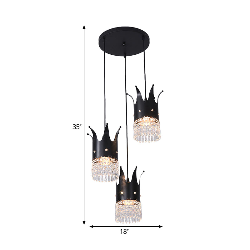 3 Bulbs Crown Island Lighting Modern Black Linear/Round Canopy Metal Multi Hanging Lamp Kit with Crystal Droplets Clearhalo 'Ceiling Lights' 'Modern Pendants' 'Modern' 'Pendant Lights' 'Pendants' Lighting' 1451785