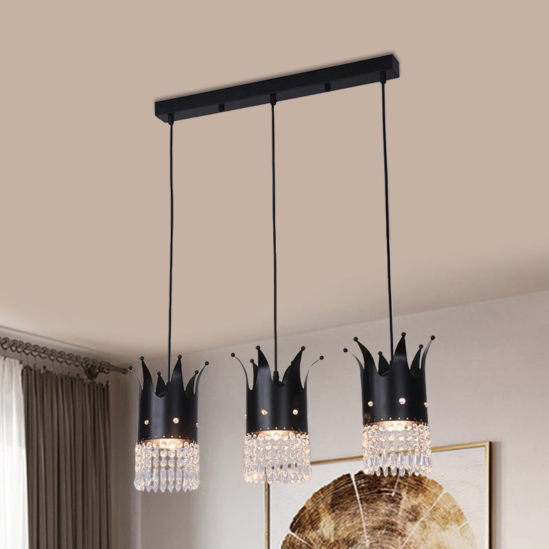 3 Bulbs Crown Island Lighting Modern Black Linear/Round Canopy Metal Multi Hanging Lamp Kit with Crystal Droplets Black Linear Clearhalo 'Ceiling Lights' 'Modern Pendants' 'Modern' 'Pendant Lights' 'Pendants' Lighting' 1451786